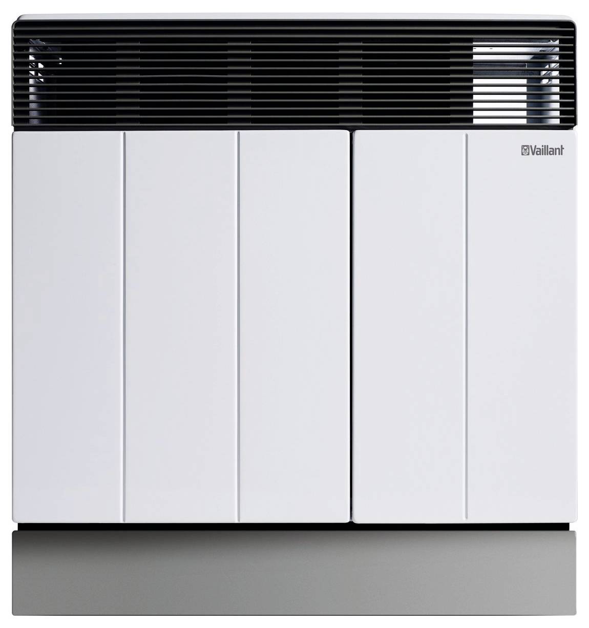 Biały grzejnik Vaillant z czarnymi górnymi otworami wentylacyjnymi, wyposażony w elegancki, minimalistyczny design, umieszczony centralnie na zwykłym tle.