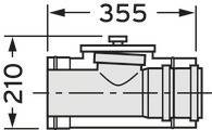 Rysunek techniczny zaworu z wymiarami: szerokość 355 mm, wysokość 210 mm.
