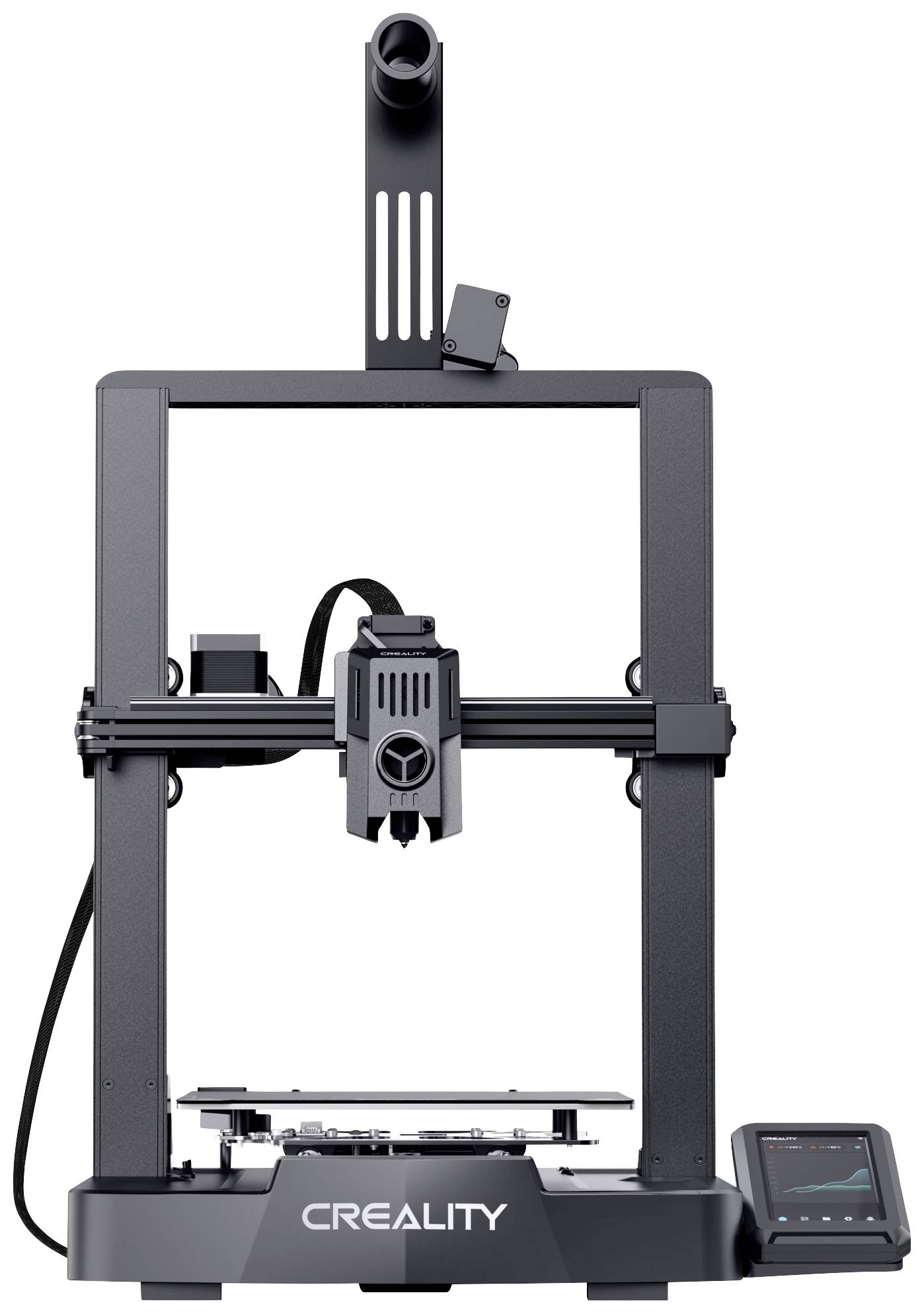 Drukarka 3D z prostokątną ramą i wyświetlaczem LCD; marka 'Creality', odpowiednia do użytku domowego i projektów prototypowych.