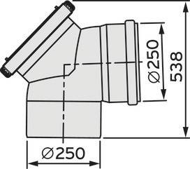 Rysunek techniczny kolana rurowego o średnicy 250 mm. Przedstawia rozgałęzienie z wymiarami: Ø250 mm i wysokość 538 mm.