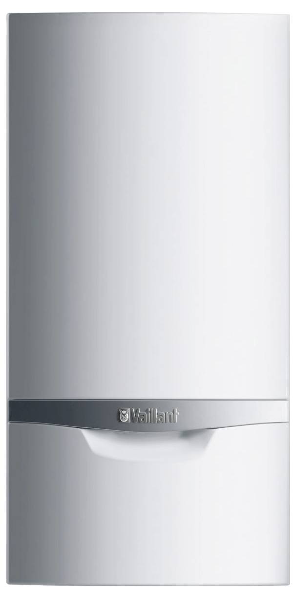 Biały kocioł montowany na ścianie z prostym, nowoczesnym designem i małym logiem blisko uchwytu.