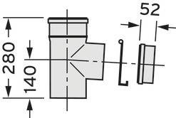 Schemat połączenia rurowego z wymiarami: wysokość 280 mm, głębokość częściowa 140 mm, podłączenie boczne 52 mm. Połączenie główne i boczne wyróżnione.