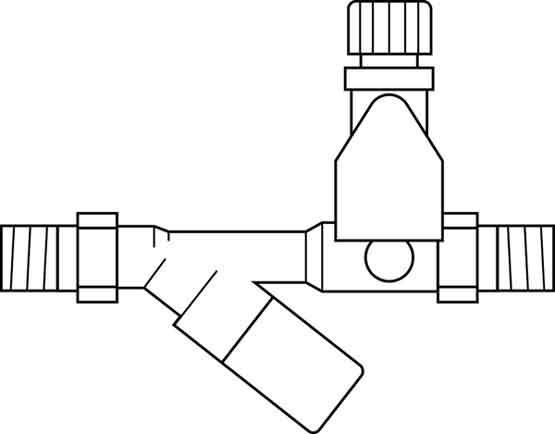 Diagram Y-kształtnego przyłącza rurowego z zaworem sterującym przepływem. Odpowiedni do zastosowań technicznych związanych z dystrybucją cieczy.