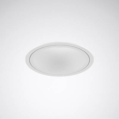 Oprawa sufitowa wpuszczana z okrągłą, białą ramką i gładką powierzchnią. Służy do nowoczesnego oświetlenia pomieszczenia.
