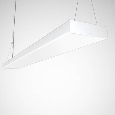 Nowoczesna, prostokątna biała lampa wisząca o minimalistycznym designie, zawieszona na dwóch kablach sufitowych.
