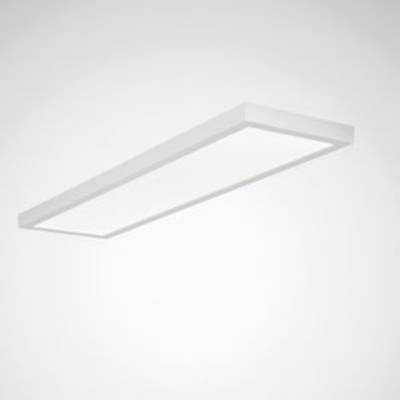 Prostokątna biała lampa sufitowa LED o minimalistycznym designie, zamontowana na białym suficie.