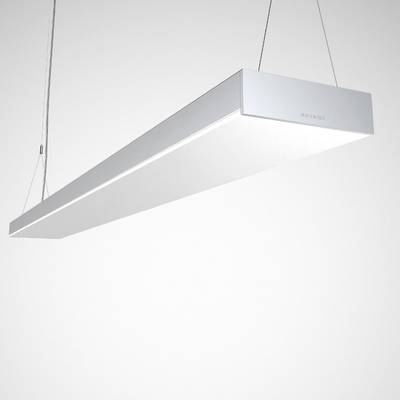 Nowoczesna biała lampa wisząca o prostym, prostokątnym kształcie zwisa z sufitu. Charakteryzuje się minimalistycznym i eleganckim stylem.