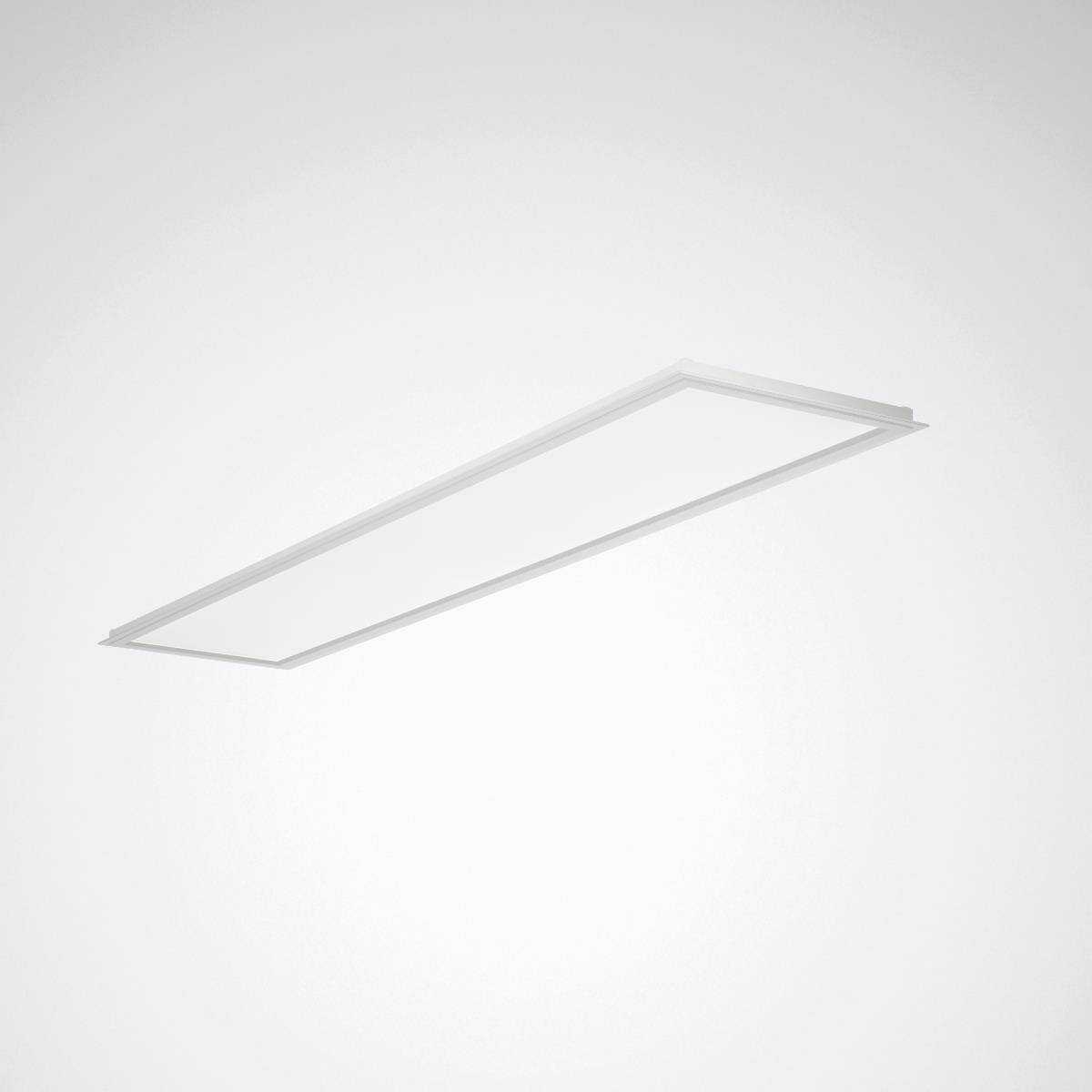Prostokątna lampa sufitowa o prostym, nowoczesnym designie z białą ramką na szarym tle.