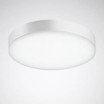 Okrągła, płaska lampa sufitowa LED z białą obudową, świecąca jasno na szarym tle. Idealna do nowoczesnych, minimalistycznych przestrzeni.