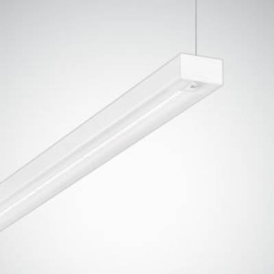 Biała, prostokątna, wisząca lampa o prostej, nowoczesnej stylistyce na neutralnym tle.