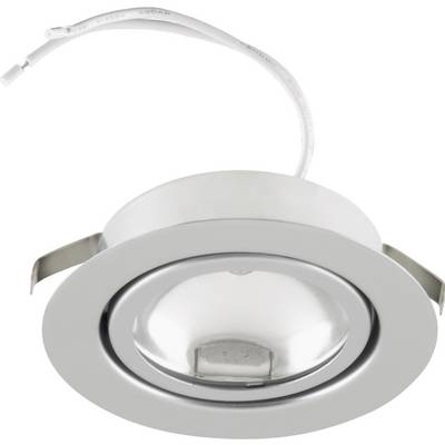 Rysunek techniczny okrągłej lampy wpuszczanej. Przedstawia widok górny i boczny z wymiarami: średnica, głębokość montażu, kąt nachylenia.
