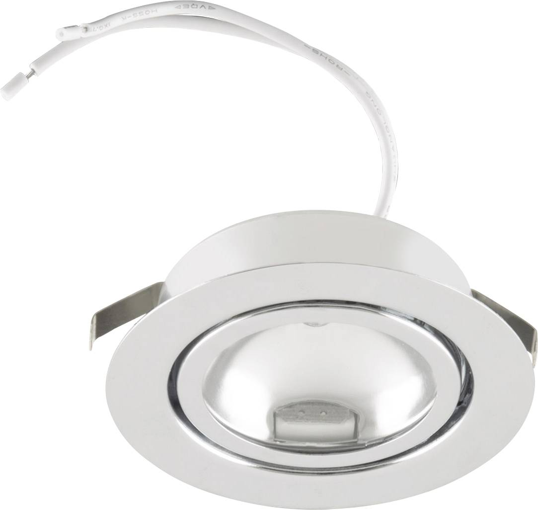 Rysunek techniczny okrągłej lampy z wymiarami montażowymi. Przedstawia widok z boku i z przodu wraz ze szczegółami dotyczącymi średnicy i głębokości zabudowy.