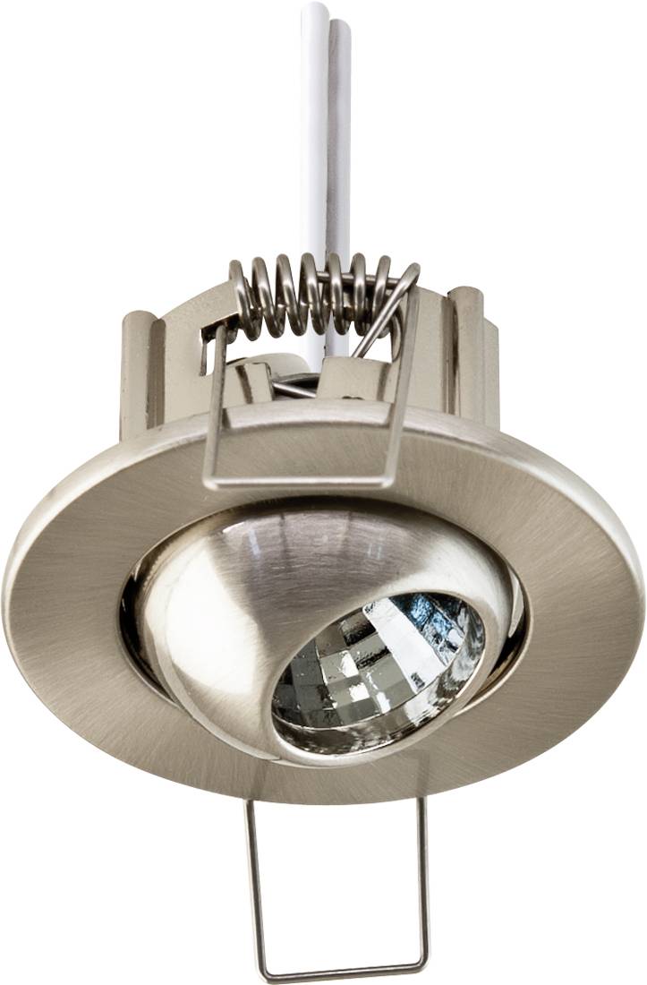 Wpuszczana lampa sufitowa ze szczotowaną obwódką metalową, zaciskom sprężynowymi i regulowanym kątem nachylenia lampy skierowanym w dół.