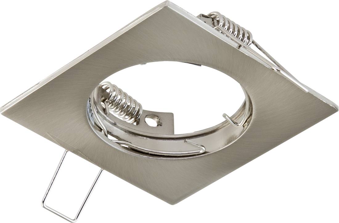 Kwadratowa, szczotkowana metalowa wpuszczana lampa sufitowa z okrągłym otworem i widocznymi zaciśkami sprężynowymi.