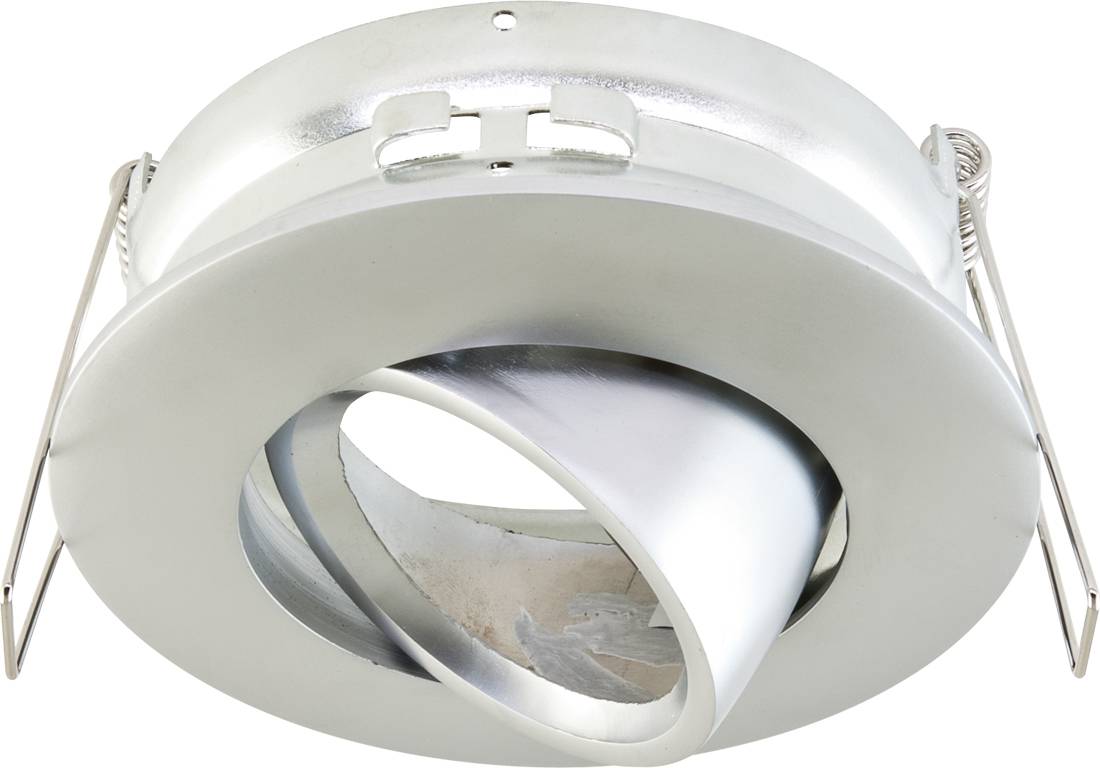 Okrągła wpuszczana lampa sufitowa z ruchomym wewnętrznym pierścieniem reflektora w szczotkowanym srebrnym metalu.