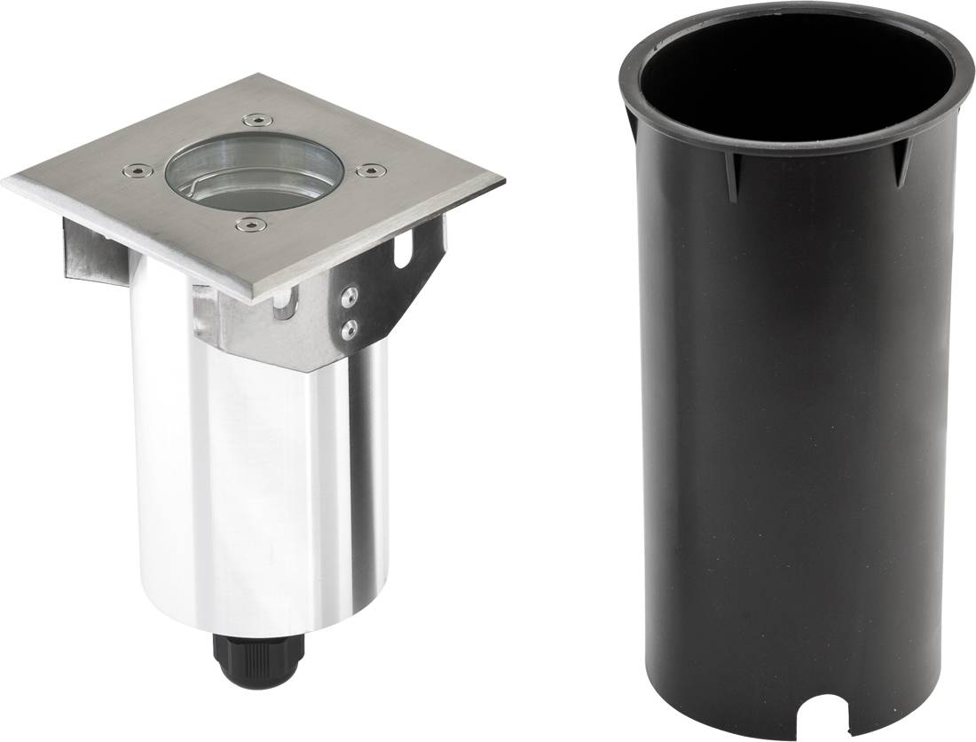 Metalowa lampa podłogowa z kwadratową płytką montażową i oddzielną czarną cylindryczną osłoną lub obudową obok niej na białym tle.