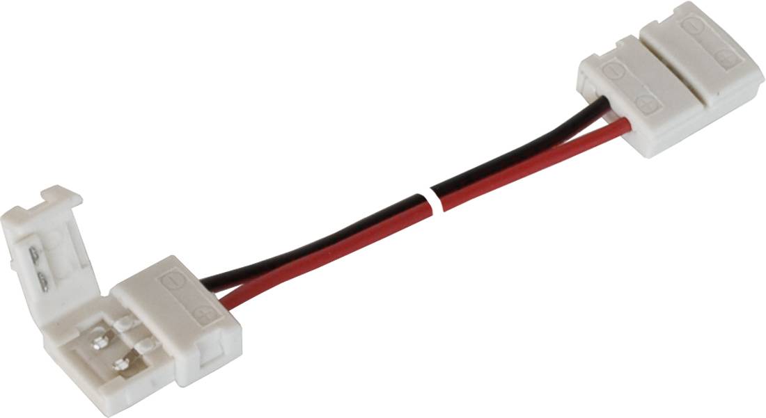 Biały adapter do złącza elektrycznego z 2 bolcami z czerwonymi i czarnymi przewodami łączący dwie białe wtyczki na zwykłym tle