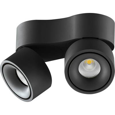 Czarna, nowoczesna lampa sufitowa LED z dwoma obrotowymi reflektorami. Idealna do precyzyjnego oświetlenia w pokojach mieszkalnych lub biurach.