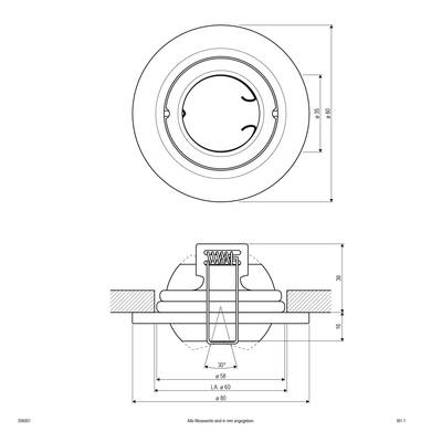 Rysunek techniczny elementu montażowego głośnika. Przedstawia widok z boku i z góry z wymiarami. Średnica: 86 mm, głębokość: 31,5 mm.