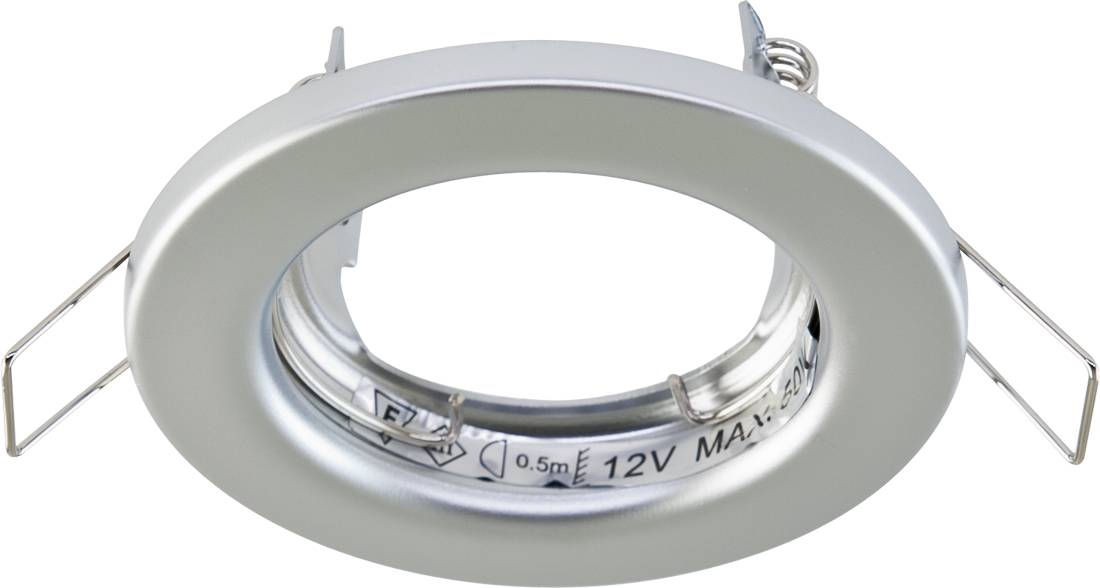 Srebrne wpuszczane oświetlenie LED typu downlight ze zaciskami sprężynowymi i etykietą maksymalnie 12V, pokazane z widoku frontu na białym tle.