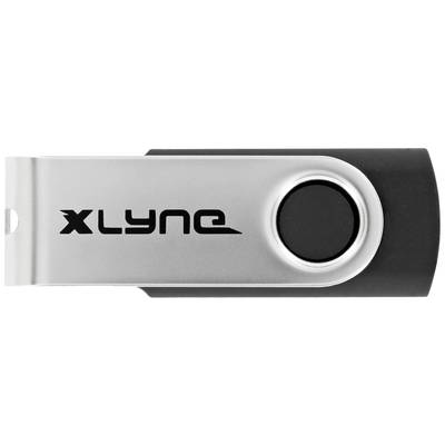 Pendrive z napisem 'xlyne'. Nośnik posiada srebrny przegub obrotowy i czarny gumowany uchwyt.