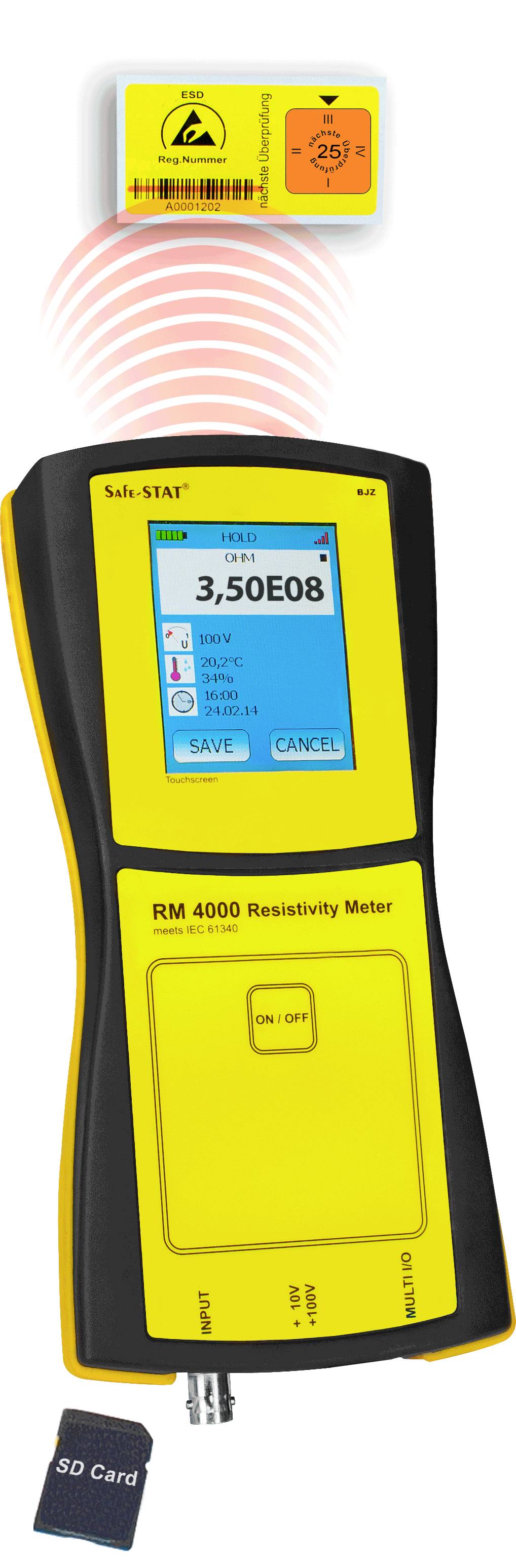 Żółty miernik rezystywności wyświetla na ekranie '3,50E08' i skanuje żółty czujnik w pobliżu. Na wyświetlaczu widoczna jest karta SD.