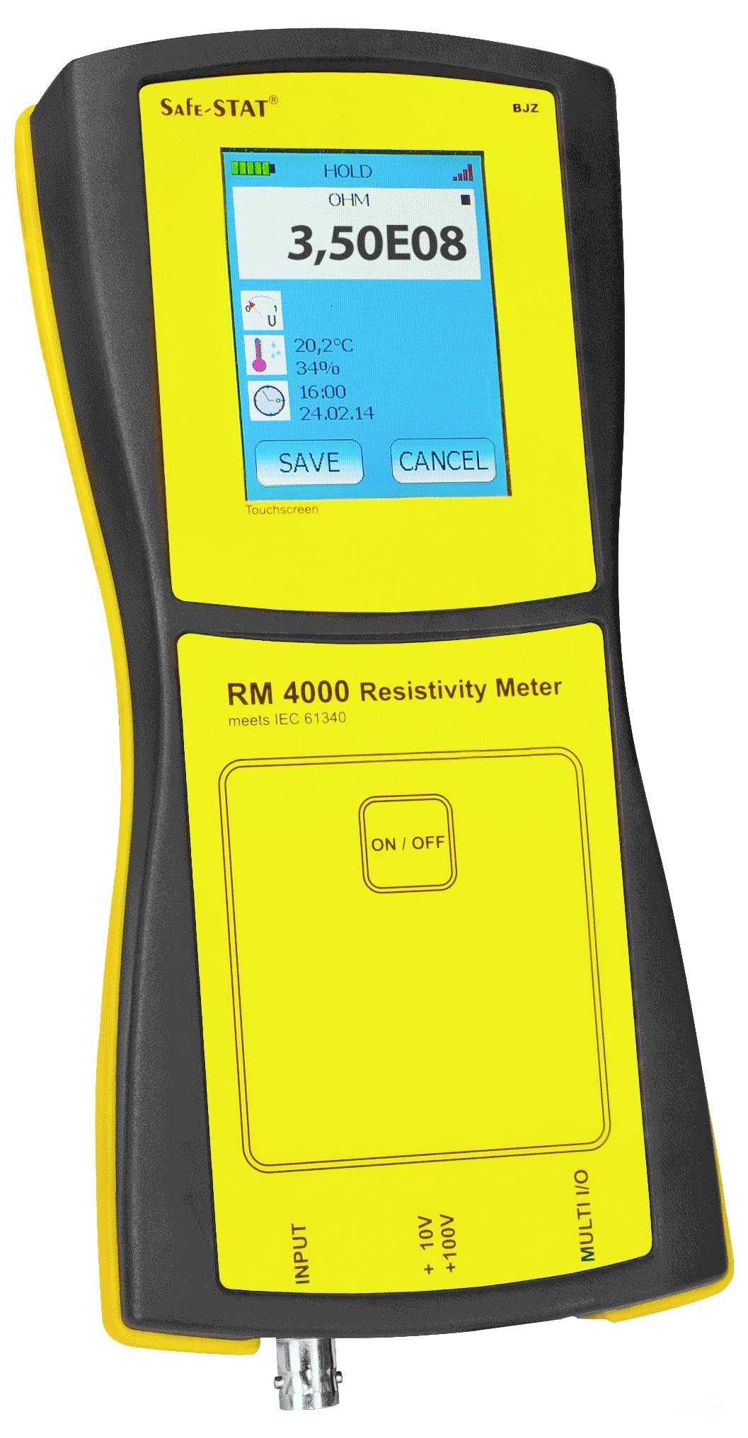 Żółte urządzenie do pomiaru rezystywności 'RM 4000' z wyświetlaczem cyfrowym pokazuje wartości elektrycznej rezystywności.