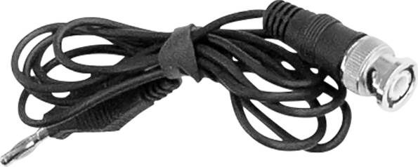 Czarny kabel z wtykiem BNC na jednym końcu i odkrytym przewodem na drugim, przeznaczony do urządzeń elektronicznych.