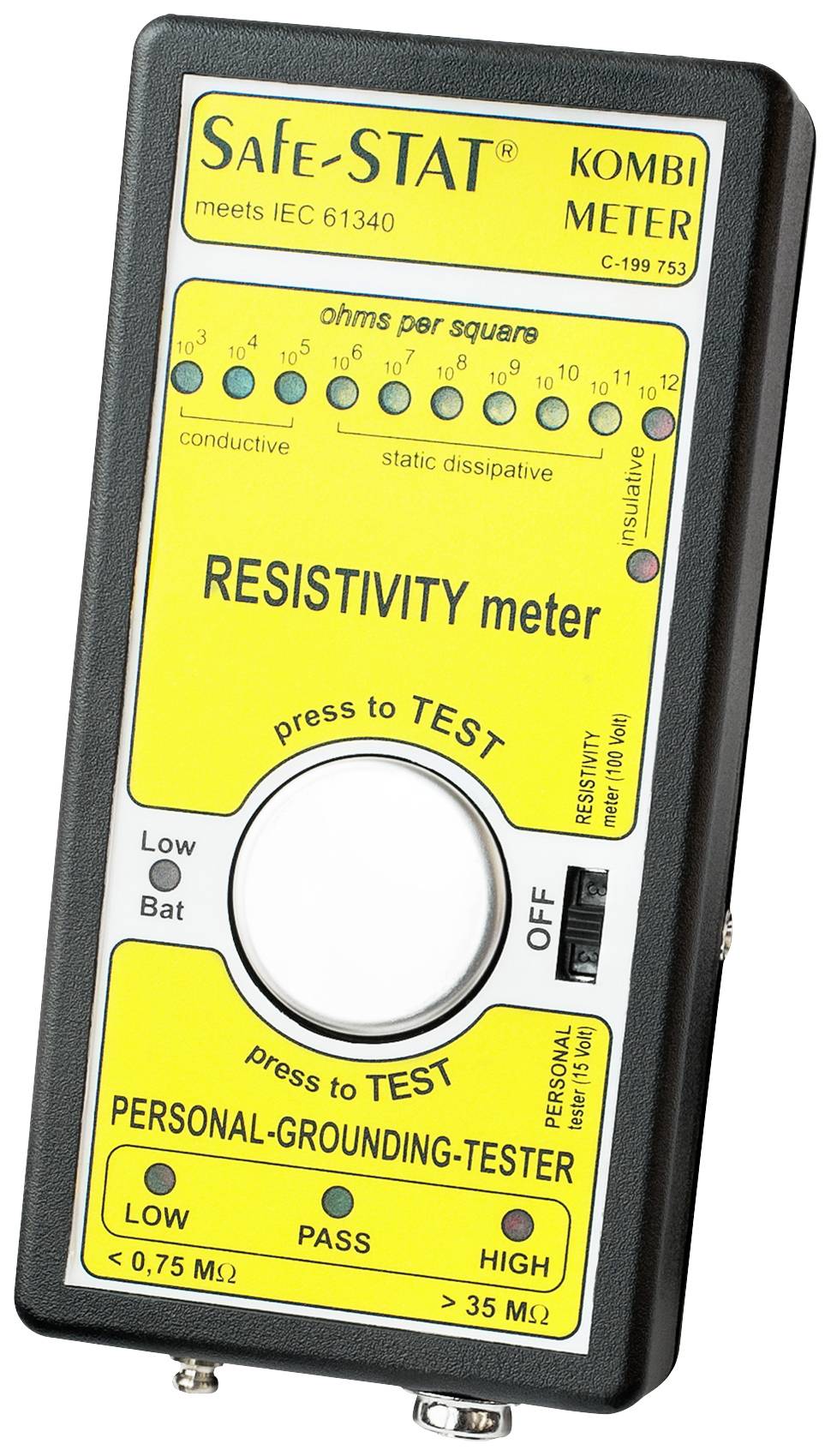 Miernik Safe-STAT Kombi do pomiaru rezystancji powierzchniowej. Wyświetla on opór w omach i posiada funkcje do testowania urządzeń uziemiających.