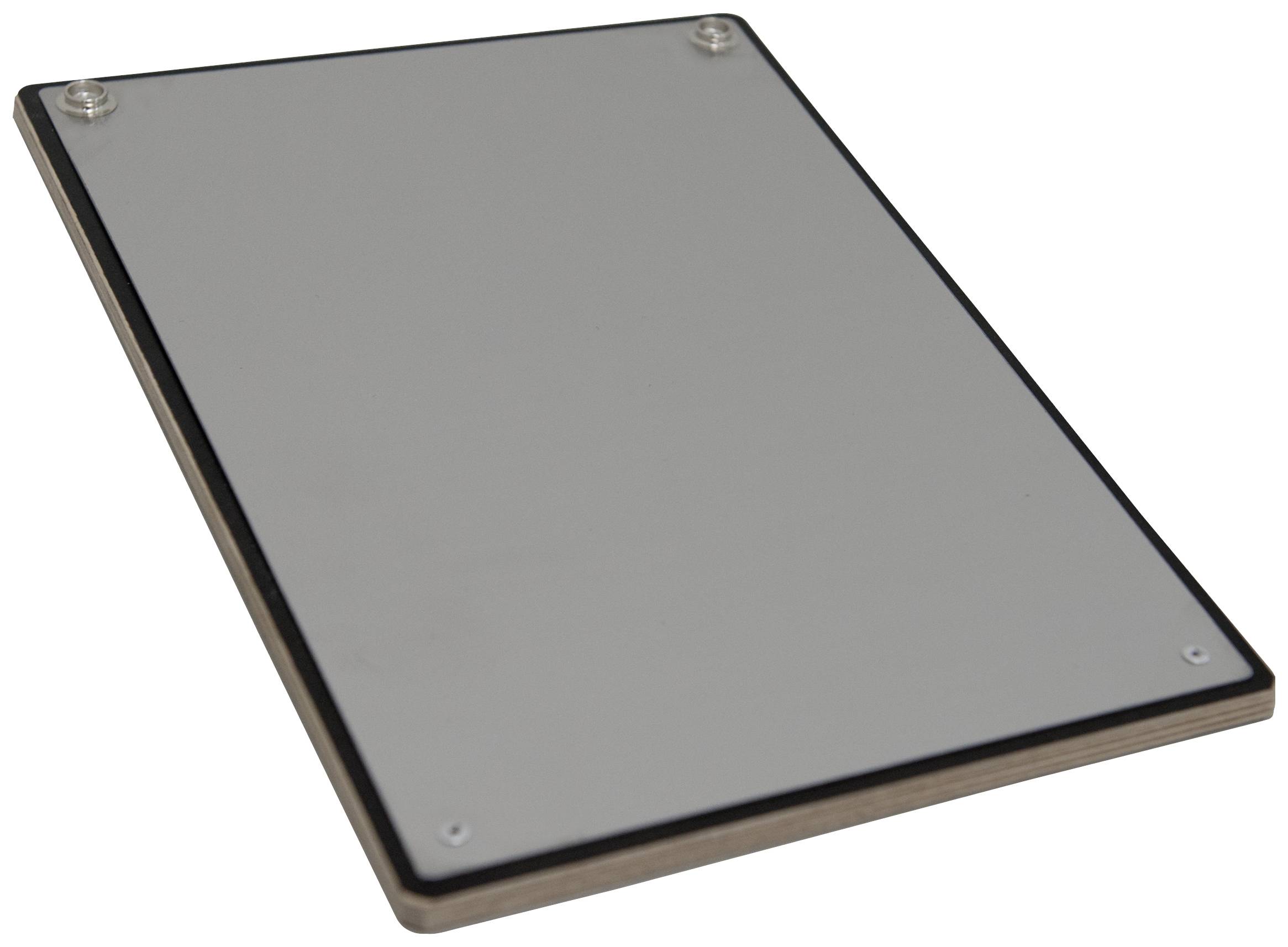 Prostokątna, lustrzana powierzchnia na drewnianym podłożu, prawdopodobnie używana jako tabliczka montażowa lub element dekoracyjny.