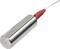 Srebrny cylindryczny przedmiot metalowy z czerwonym przewodem, prawdopodobnie czujnik lub urządzenie techniczne.