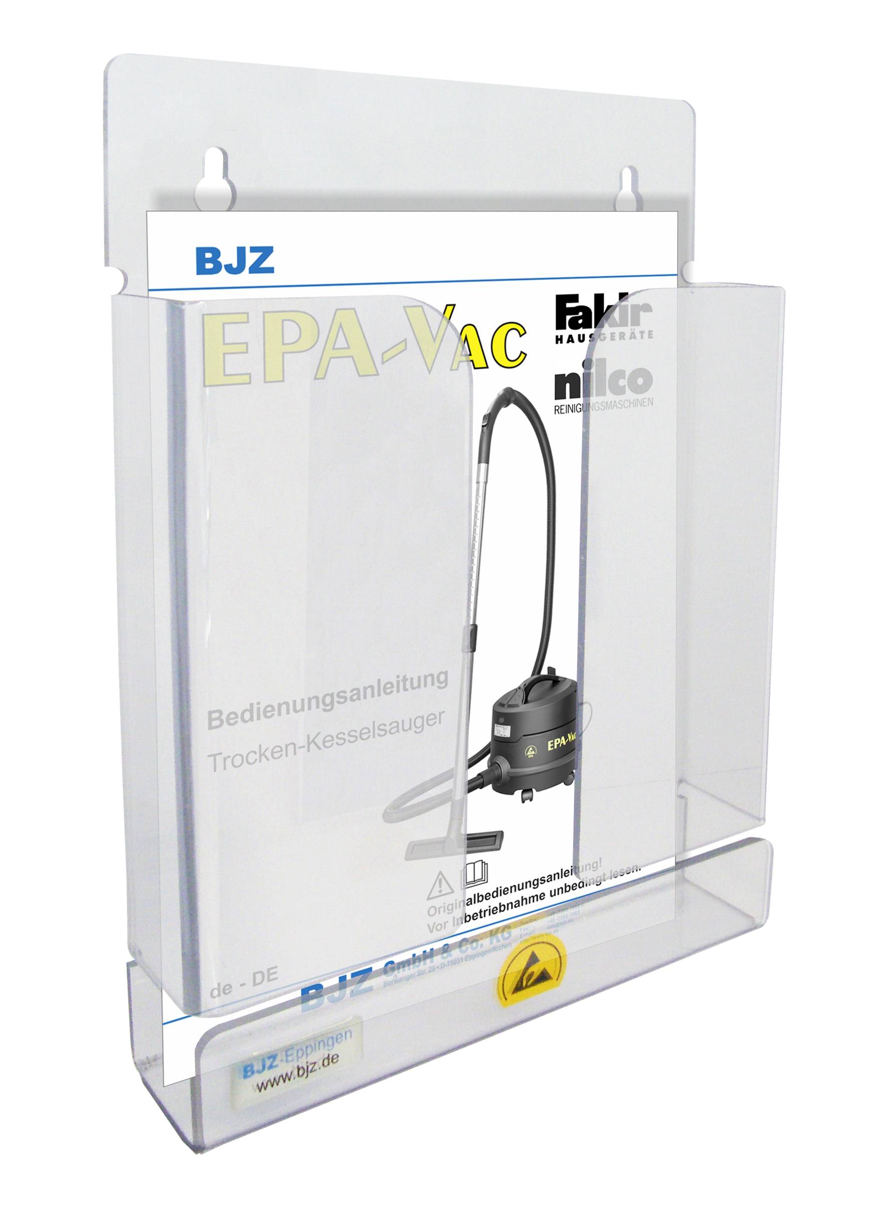 Broszura instrukcji obsługi odkurzacza do prac suchych w przezroczystym etui, marki: BJZ, EPA-Vac i Fakir.