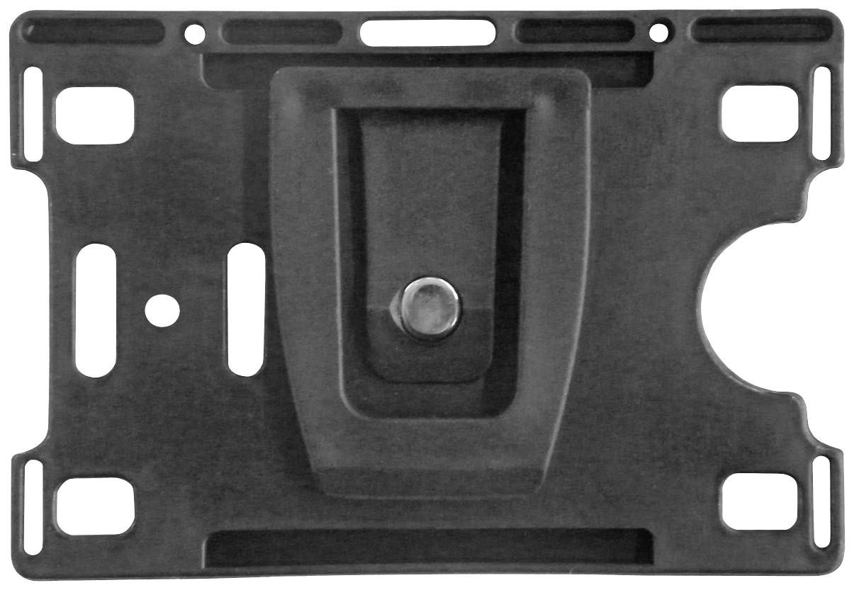 Prostokątny czarny uchwyt z wieloma punktami mocowania i centralnym otworem montażowym pośrodku.