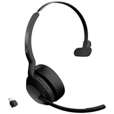 Czarny bezprzewodowy zestaw słuchawkowy z mikrofonem na wysięgniku i odbiornikiem USB. Idealny do rozmów głośnomówiących podczas rozmów telefonicznych lub wideokonferencji.