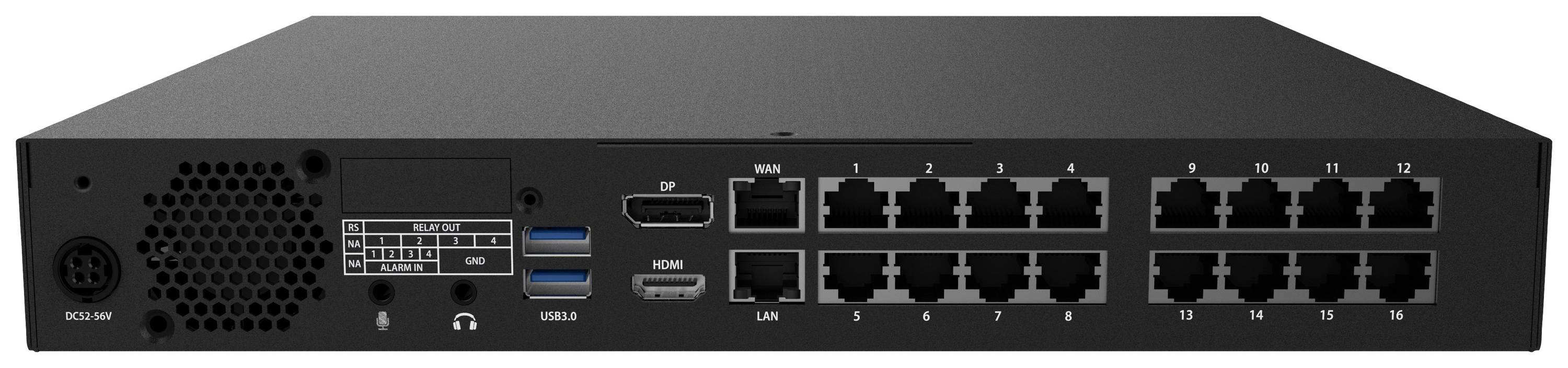 'Tylna strona switcha sieciowego z wieloma portami Ethernet, złączami HDMI, portami USB i kratką wentylacyjną.'