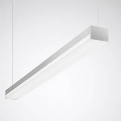 Minimalistyczna, liniowa lampa wisząca w kolorze białym, zawieszona przy suficie. Idealna do nowoczesnych, prostych wnętrz.