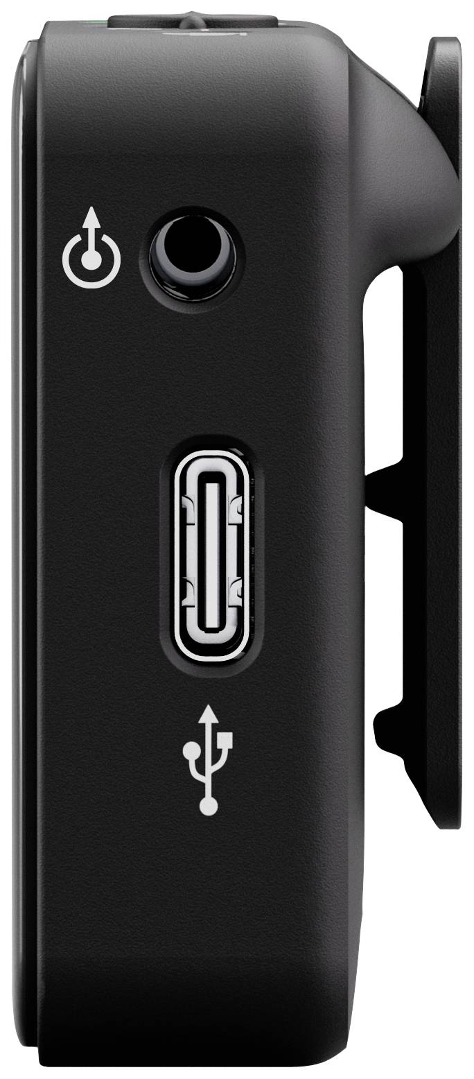 Widok z boku czarnego urządzenia elektronicznego z włącznikiem sieciowym i złączem USB.