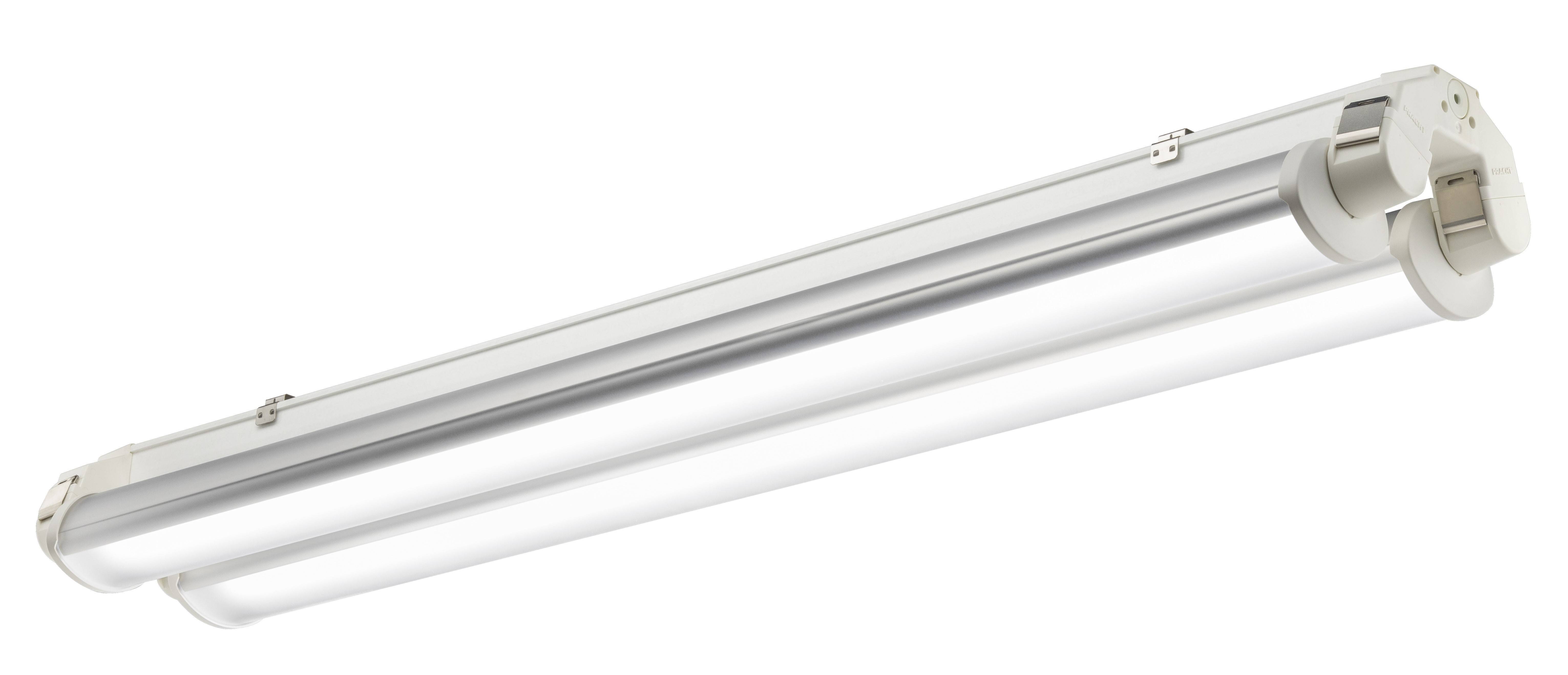Świetlówka przemysłowa w srebrnej obudowie. Odpowiednia do dużych przestrzeni komercyjnych lub przemysłowych.