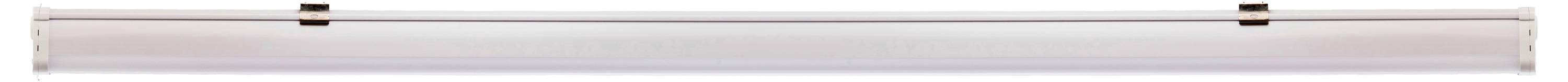 Długa, wąska lampa sufitowa z eleganckiego metalu, emitująca miękkie, rozproszne białe światło.