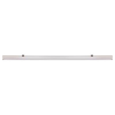 Długa, wąska lampa sufitowa z eleganckiego metalu, emitująca miękkie, rozproszne białe światło.