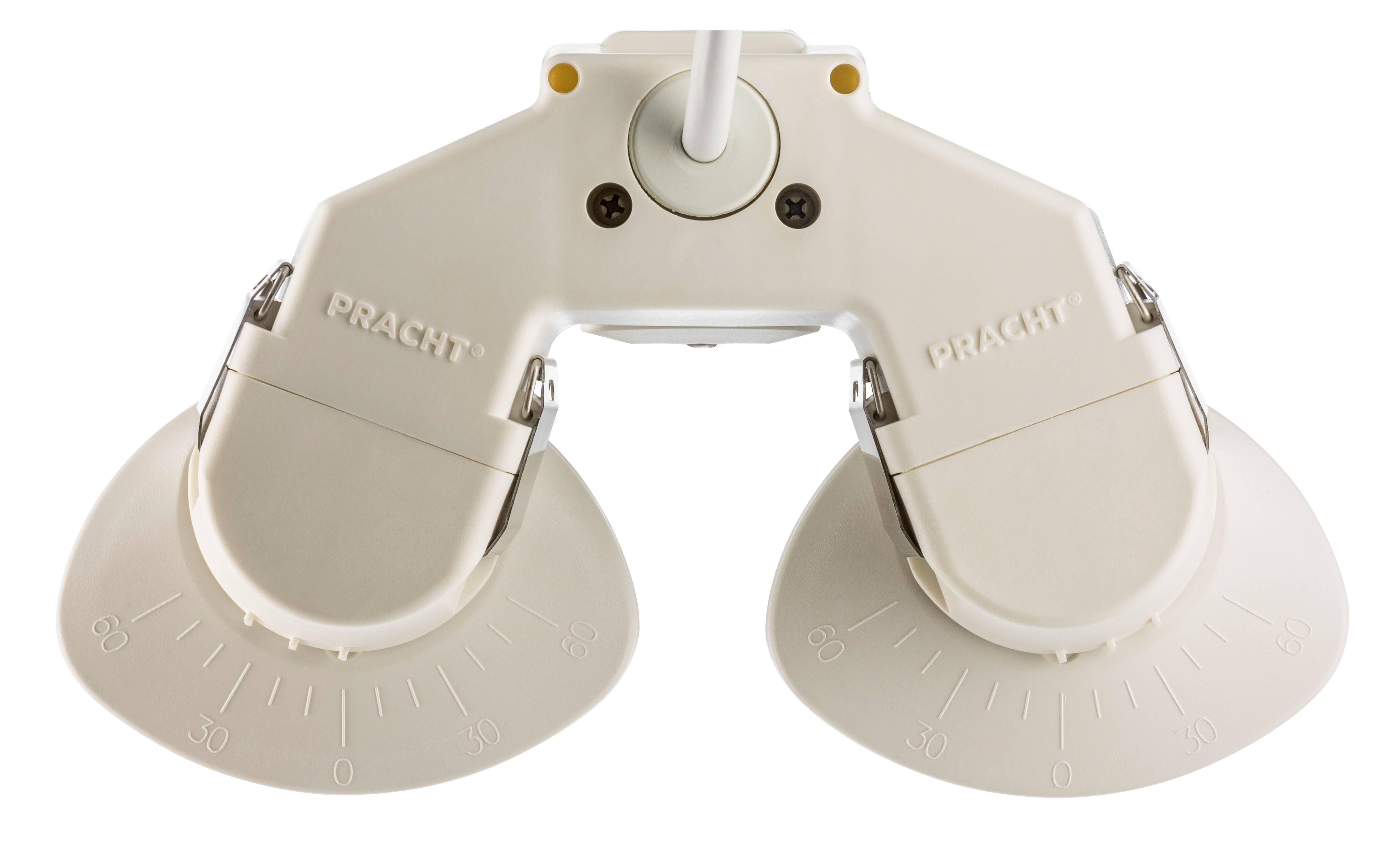 Lampa sufitowa z dwoma regulowanymi białymi panelami pełniącymi funkcję źródła światła. Panele są oznaczone skalą kątową.