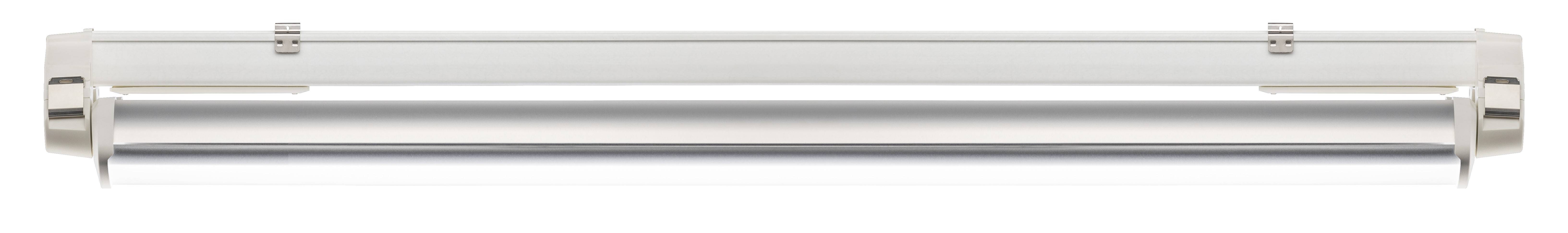 Liniowa lampa LED w metalowej obudowie, odpowiednia do oświetlenia przemysłowego. Montowana na suficie lub ścianie, zapewniająca równomierne światło.