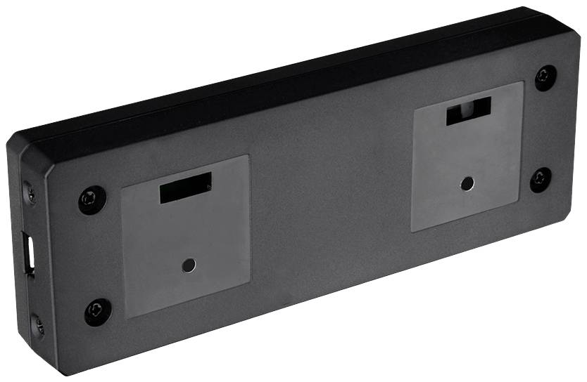 Prostokątne, czarne urządzenie elektroniczne z dwoma gniazdami i kilkoma śrubami w narożnikach.