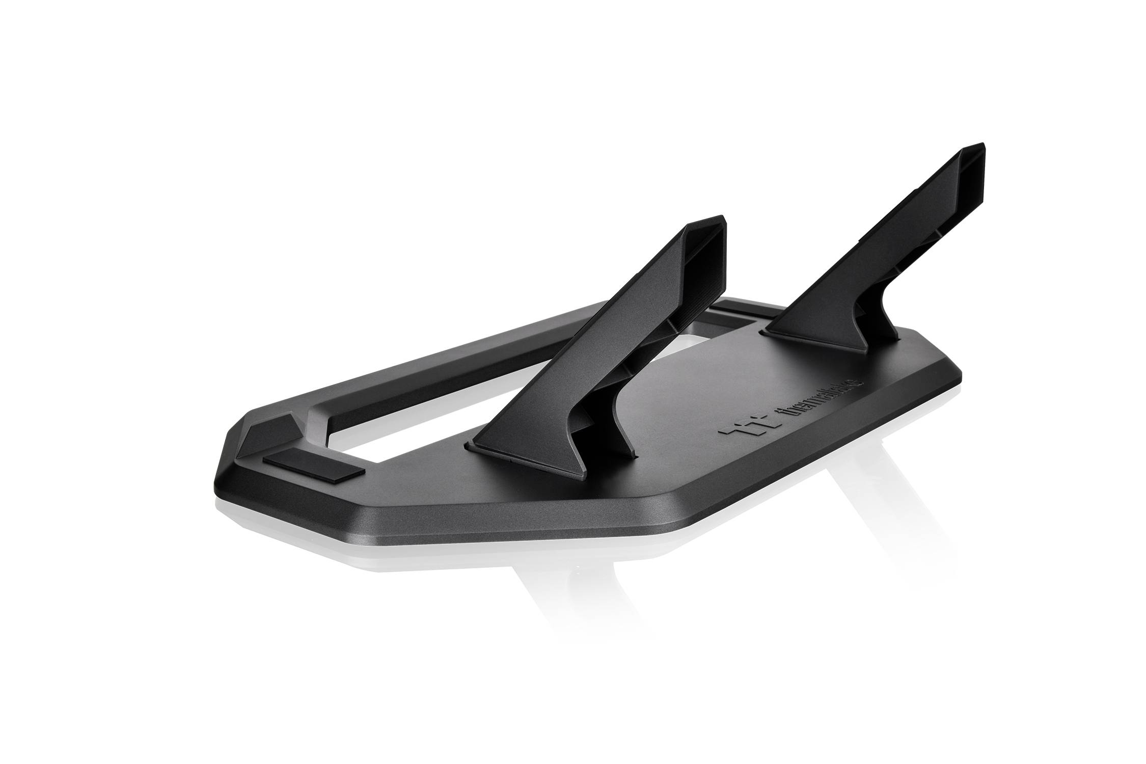 Metalowy stojak z dwoma równoległymi podpórkami, odpowiedni do umieszczania przedmiotów takich jak tablety lub laptopy.