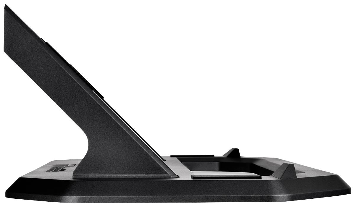 Widok z boku czarnego stojaka na monitor o nachylonej konstrukcji.