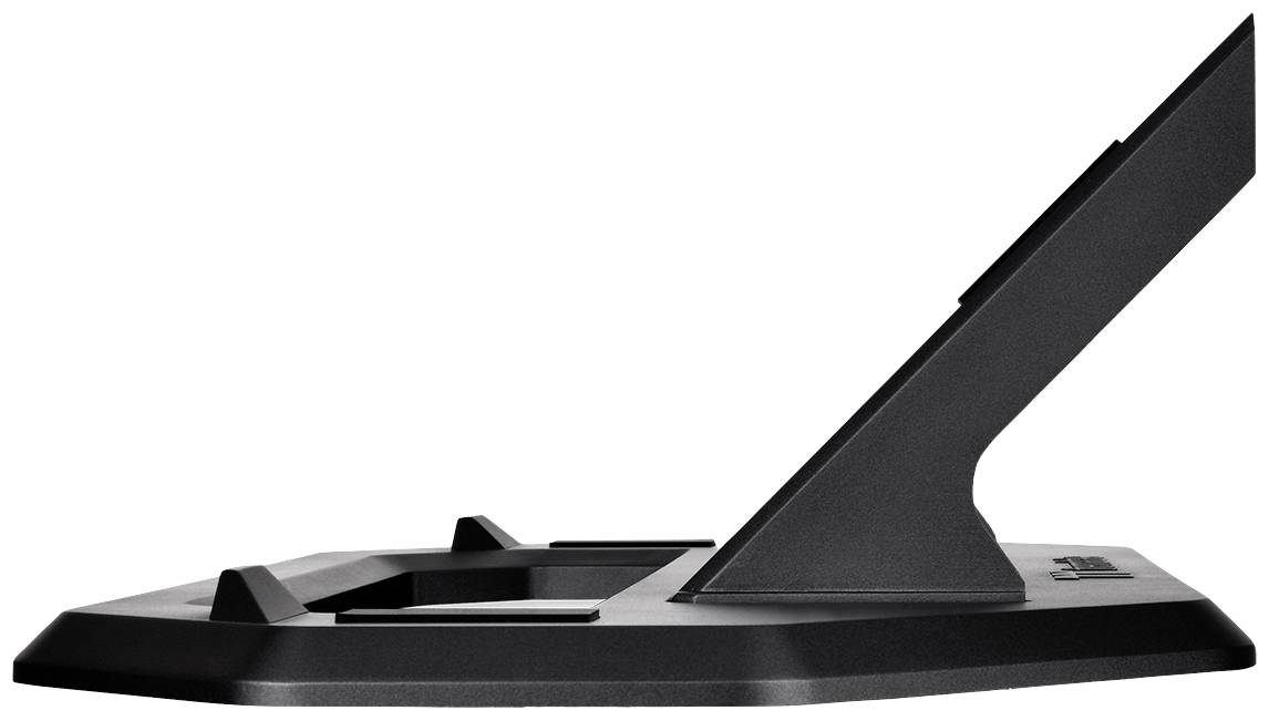 Czarny, pochylony stojak na monitor widziany z boku, prezentujący czyste linie i nowoczesny design.