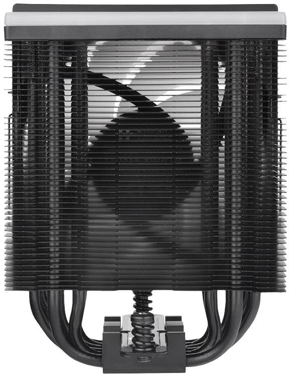 Duży radiator procesora z pionowymi żeberkami i wentylatorem wewnątrz, odpowiedni do wydajnego chłodzenia w komputerach.