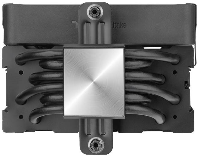 Czarny radiator procesora z metalową, błyszczącą powierzchnią na górze i kilkoma rurkami ciepłownymi wystającymi z boku.