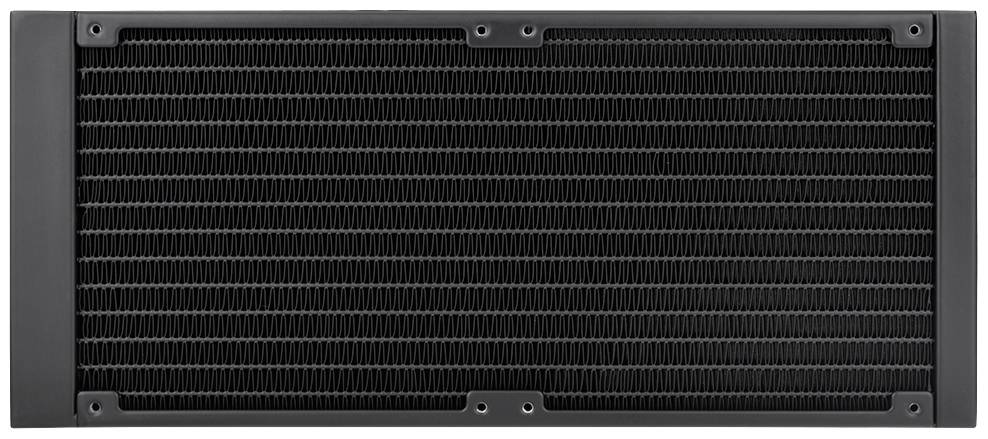 Czarny radiator komputerowy o prostokątnym wzorze siatki; służy do odprowadzania ciepła w obudowach komputerowych.
