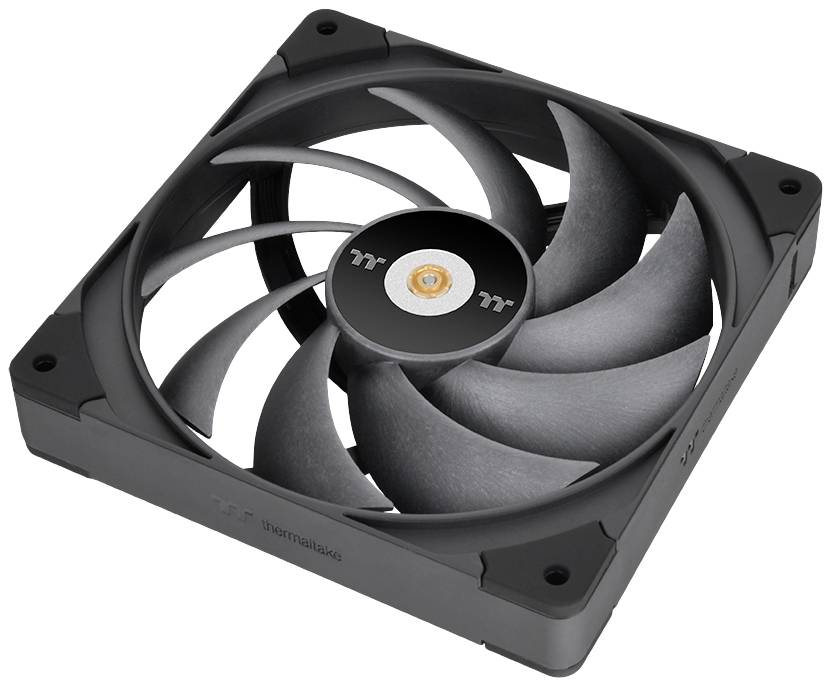 'Wentylator Thermaltake z czarną ramką i szarymi łopatkami wirnika, odpowiedni do obudów komputerowych do chłodzenia komponentów sprzętowych.'